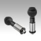 Precision indexing plungers, steel with plastic spherical knob, tapered indexing pin and locking slot