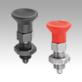 Indexing plungers, steel or stainless steel with plastic mushroom grip and locknut