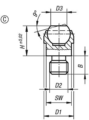 Self-aligning pads, Form C, with external thread, flattened ball, smooth