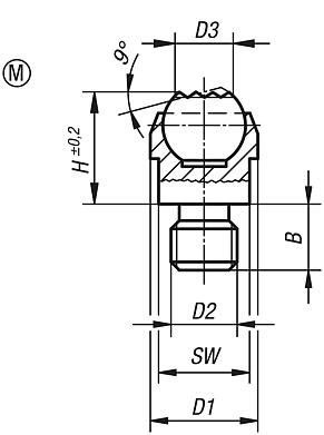 Self-aligning pads, Form M, with external thread, flattened ball, diamond grip