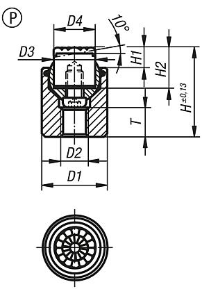 Self-aligning pads with O-ring and exchangeable inserts, Form P, stainless steel insert with polythene face