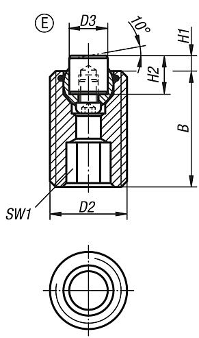 Self-aligning pads, adjustable, with O-ring and exchangeable inserts, hexagon socket, Form E, flattened stainless steel insert smooth