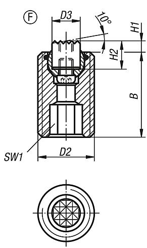 Self-aligning pads, adjustable, with O-ring, exchangeable inserts, hexagon socket, Form F, flattened ball with diamond grip