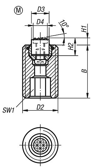 Self-aligning pads, adjustable, with O-ring, exchangeable inserts, hexagon socket, Form F, flattened ball with carbide diamond grip