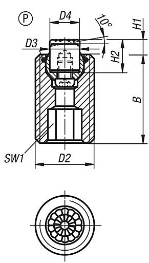 Self-aligning pads, adjustable, with O-ring and exchangeable inserts, hexagon socket, Form P, stainless steel insert with polyurethane face