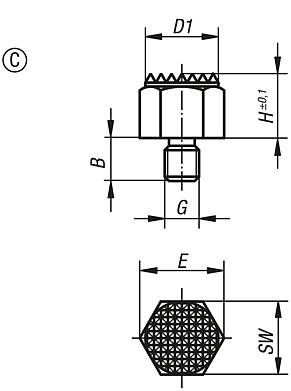 Positioning feet with external thread and serrated face, Form C