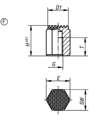 Positioning feet with internal thread and serrated face, Form F