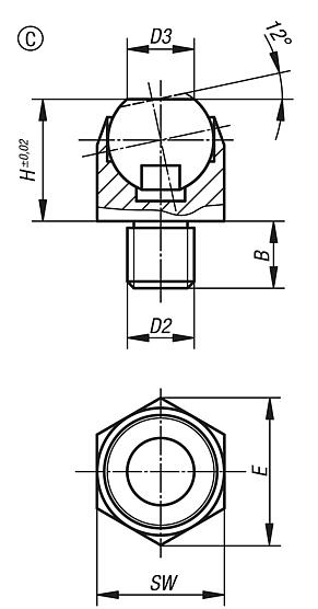 Self-aligning pads, swivel angle 12°, Form C, with external thread, flattened ball, smooth