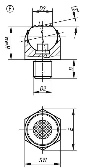 Self-aligning pads, swivel angle 12°, Form F, with external thread, flattened ball, serrated face