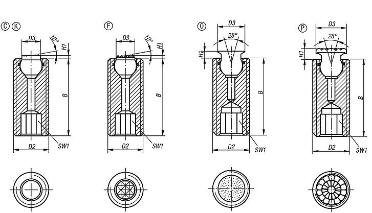 Self-aligning pads adjustable, with O-ring and hexagon socket