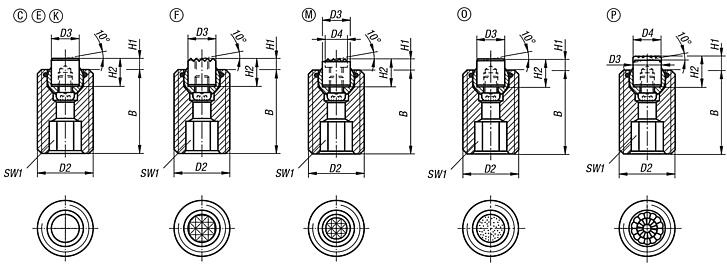 Self-aligning pads adjustable, with O-ring, exchangeable inserts and hexagon socket