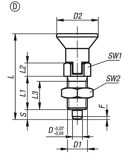 Indexing plungers, stainless steel with stainless steel mushroom grip, locking slot and locknut