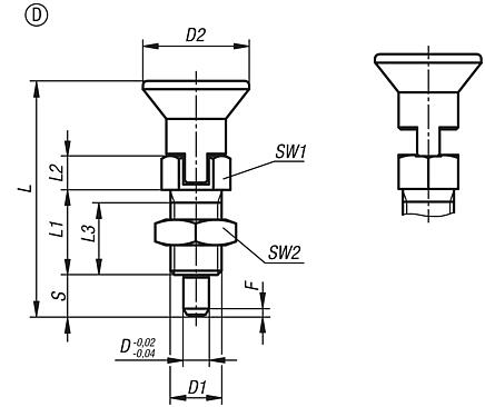 Indexing plungers, steel or stainless steel, with plastic mushroom grip, extended indexing pin, locking slot and locknut