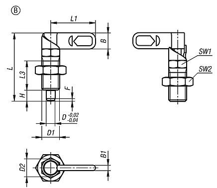 Cam-action indexing plungers with stop, stainless steel, Form B, without grip cap, with nut