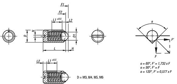 Spring plungers with slot and ball, stainless steel, with thread lock