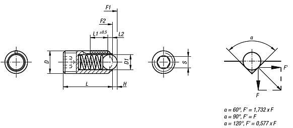 Spring plungers with hex socket and ball, stainless steel, with thread lock