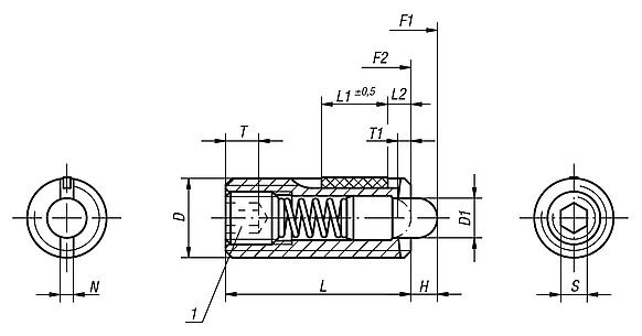 Spring plungers with hex socket and thrust pin, steel, with thread lock