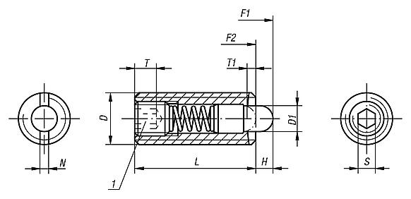 Spring plungers with hexagon socket and thrust pin, standard spring force