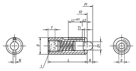 Spring plungers with hex socket and POM thrust pin, steel, with thread lock