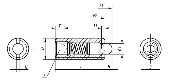 Spring plungers with hexagon socket and thrust pin, standard spring force