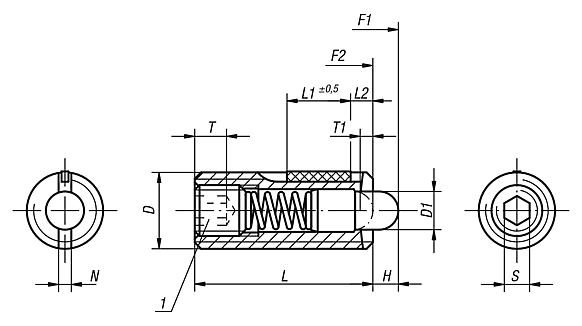 Spring plungers with hex socket and thrust pin, stainless steel, with thread lock