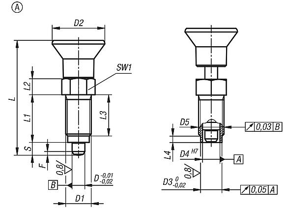 Premium - Indexing plungers, steel or stainless steel with plastic mushroom grip and cylindrical indexing pin