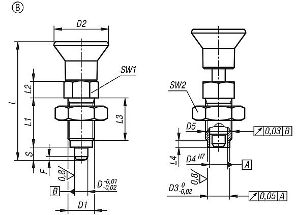 Premium - Indexing plungers, steel or stainless steel with plastic mushroom grip, cylindrical indexing pin and locknut