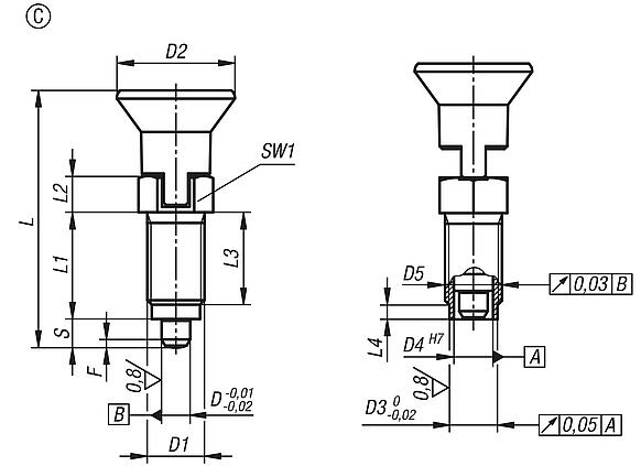 Premium - Indexing plungers, steel or stainless steel with plastic mushroom grip, cylindrical indexing pin and locking slot