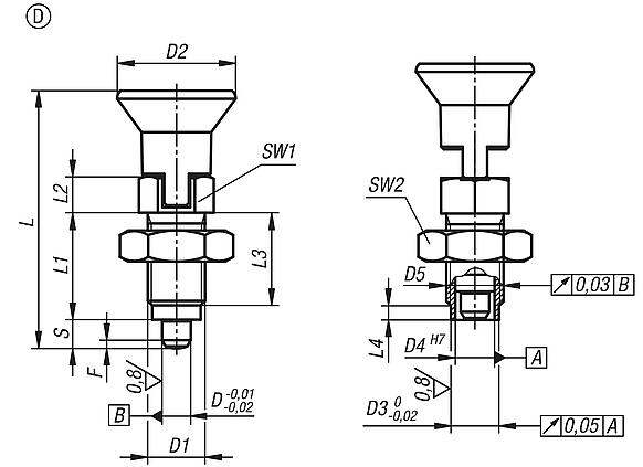 Premium - Indexing plungers, steel or stainless steel with plastic mushroom grip, cylindrical indexing pin, locking slot and locknut