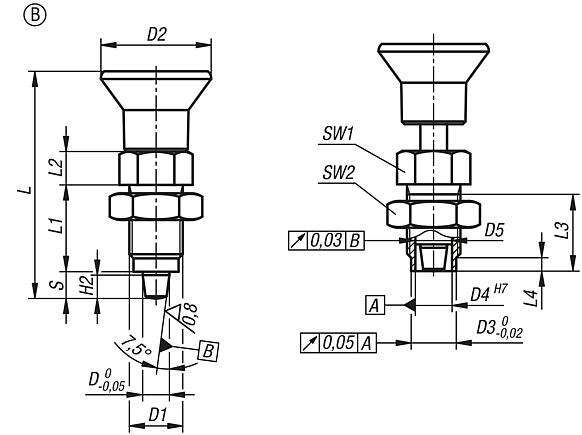 Premium - Indexing plungers, steel or stainless steel with plastic mushroom grip, tapered indexing pin and locknut