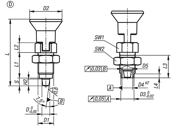 Premium - Indexing plungers, steel or stainless steel with plastic mushroom grip, tapered indexing pin, locking slot and locknut