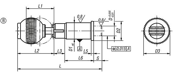 Precision indexing plungers, steel with plastic spherical knob, cylindrical indexing pin and locking slot