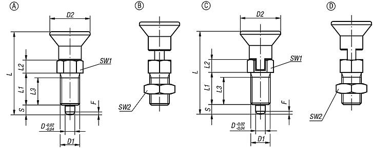 Indexing plungers, steel or stainless steel with plastic mushroom grip