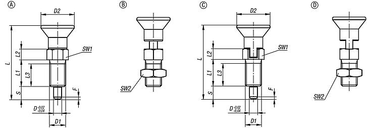 Indexing plungers, steel or stainless steel with plastic mushroom grip and extended indexing pin