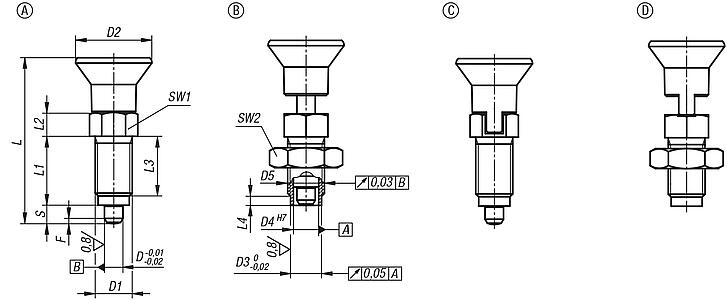 Premium - Indexing plungers, steel or stainless steel with plastic mushroom grip and cylindrical indexing pin