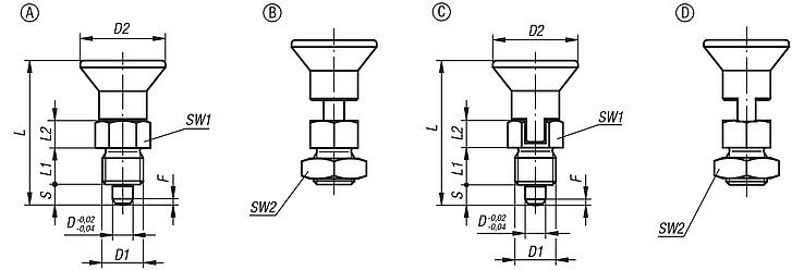 Indexing plungers, steel or stainless steel, short version with plastic mushroom grip