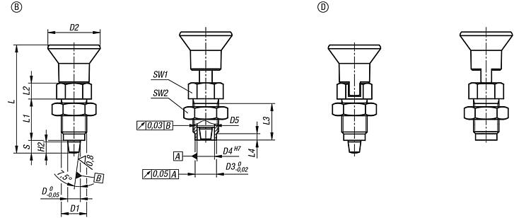 Premium - Indexing plungers, steel or stainless steel with plastic mushroom grip and tapered indexing pin