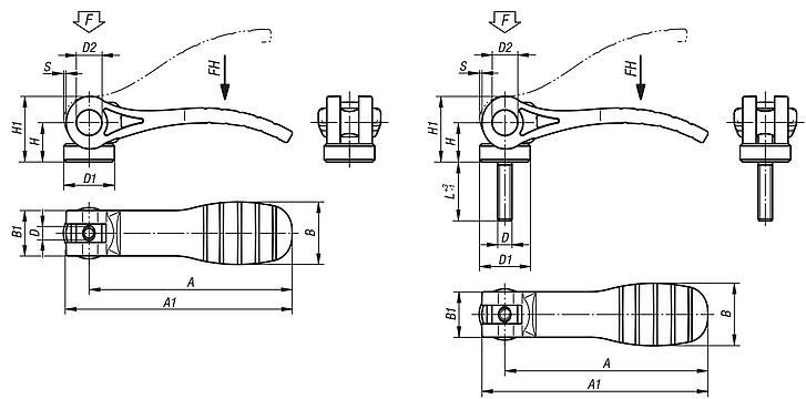 Cam levers, plastic with internal or external thread, plastic thrust washer and steel or stainless steel stud