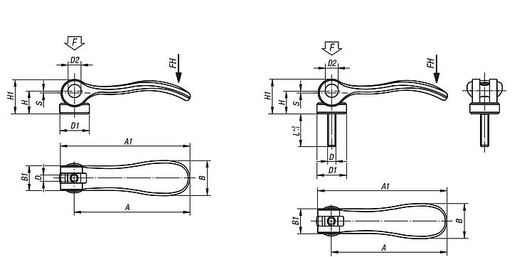 Cam levers, stainless steel  with internal or external thread, thrust washer and stud stainless steel