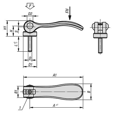 Cam levers, steel, adjustable with external thread, plastic thrust washer and steel stud