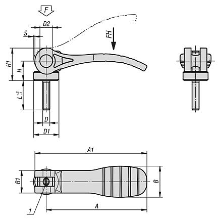 Cam levers, plastic, adjustable with external thread, plastic thrust washer and steel or stainless steel stud