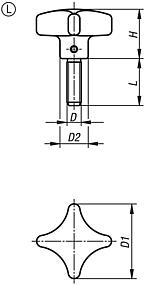 Palm grips similar to DIN 6335, aluminium, Form L, with external thread