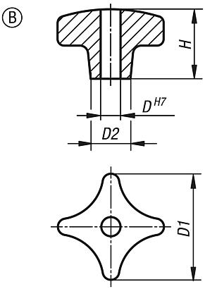 Palm grips similar to DIN 6335, aluminium, Form B, drilled through