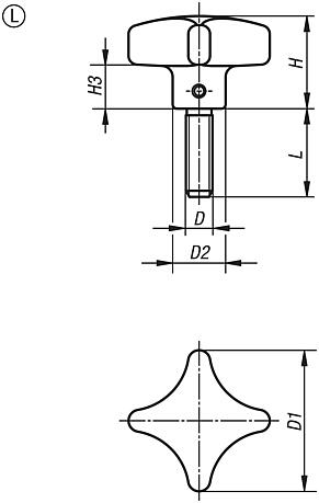 Palm grips similar to DIN 6335, stainless steel, Form L, with external thread.