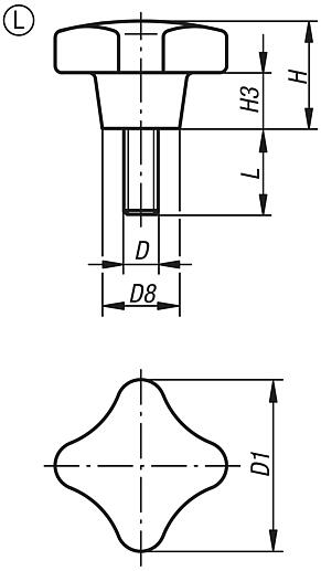 Palm grips, similar to DIN 6335, Form L with external thread