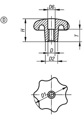 Star grips similar to DIN 6336, aluminium, Form D, thread countersunk