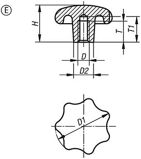 Star grips similar to DIN 6336, aluminium, Form E, blind tapped hole