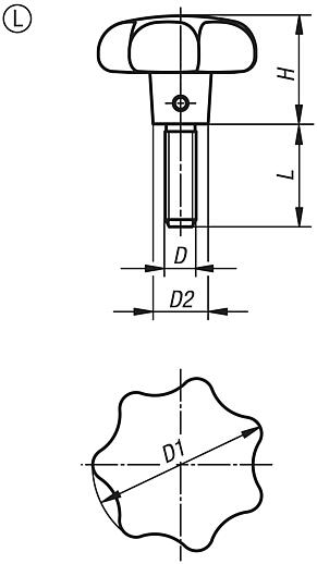 Star grips similar to DIN 6336, aluminium, Form L, with external thread