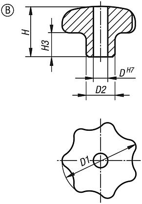 Star grips similar to DIN 6336, stainless steel, Form B, drilled through