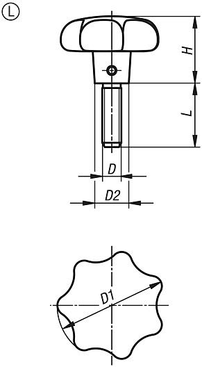 Star grips, DIN 6336, grey cast iron, Form L, with external thread